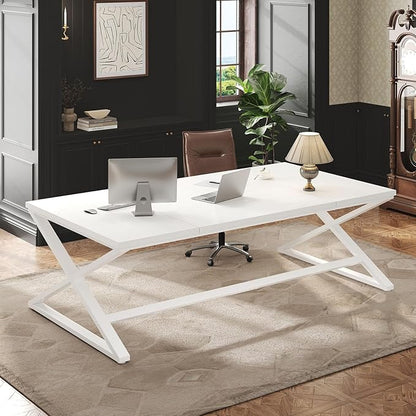 IBF Long White Computer Desk, Modern Simple Large Home Office Desk, Wood Metal Work Study Writing Table for 2 Monitors, Double Pc Gaming Executive Workstation in Bedroom Living Room, White Oak,70 in