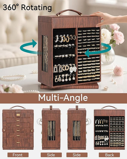 AKOZLIN 360° Rotating Jewelry Box Extra Large 6-Tier Organizer Functional Jewelry Storage Case for Women Girls Ring Necklace Earring Bracelet Holder with Mirror Red Brown