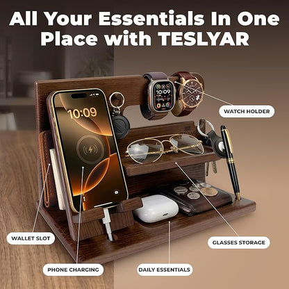 TESLYAR Wood Phone Docking Station for Men - Desk or Nightstand Organizer - Birthday Gifts for Husband, Dad - Anniversary Idea from Wife - Key Holder, Stand Wallet, Watch & Essentials (Bourbon Brown)