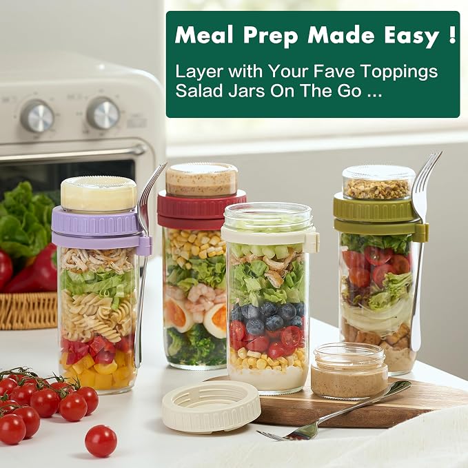 Danmu 24 oz Glass Meal Prep Containers 4-Pack with Lid & Dressing Cup - Leak Proof Salad Jars & Overnight Oats Containers with Lids Stainless Steel Fork Included for On the Go Lunch, Work, Fitness
