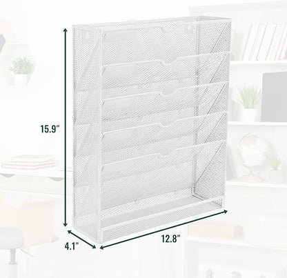 EASEPRES 6 Tier Mesh Hanging Wall File Organizer, Desk Vertical Mail Paper Document Folder Holder Rack with Bottom Tray and Nametag Label for Office Home School, White