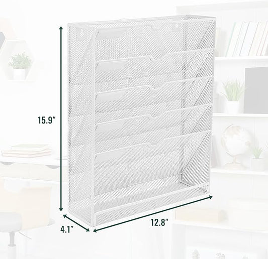 EASEPRES 6 Tier Mesh Hanging Wall File Organizer, Desk Vertical Mail Paper Document Folder Holder Rack with Bottom Tray and Nametag Label for Office Home School, White