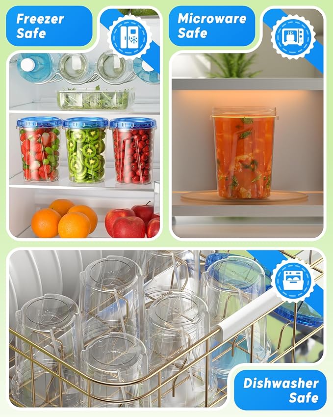 6 Pack-34oz Freezer Storage Containers, Plastic Food Storage Containers with Twist Top Lids, BPA Free and Reusable Soup Containers with Lid, Microwave and Dishwasher Safe