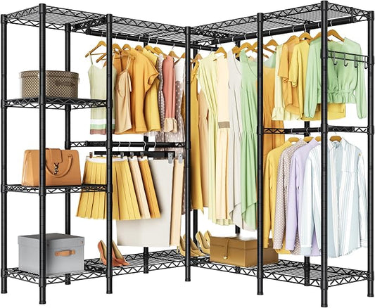 Golpart Heavy Duty Garment Rack Clothes Rack,Large Metal Closet Organizer System Storage Wardrobe,Freestanding Clothing Rack with Adjustable Wire Shelves& Hang Rods,MaxLoad 1100lbs