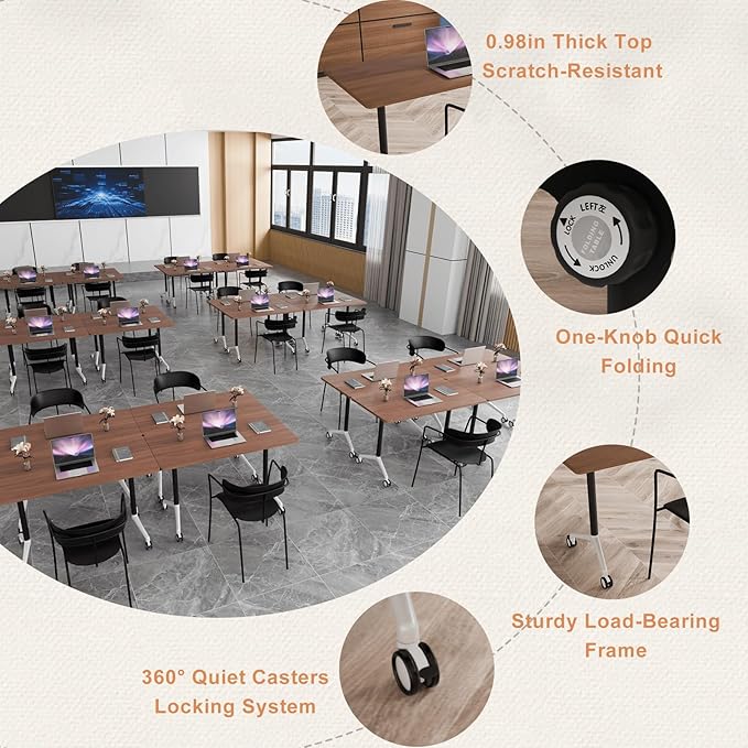 Folding Conference Table，Modular Conference Room Tables with 360° Mobile Silent Wheels, Modern Flip Top Locking Rolling Meeting Table for Office Classroom School Business Space Saving (8, 70.8in)