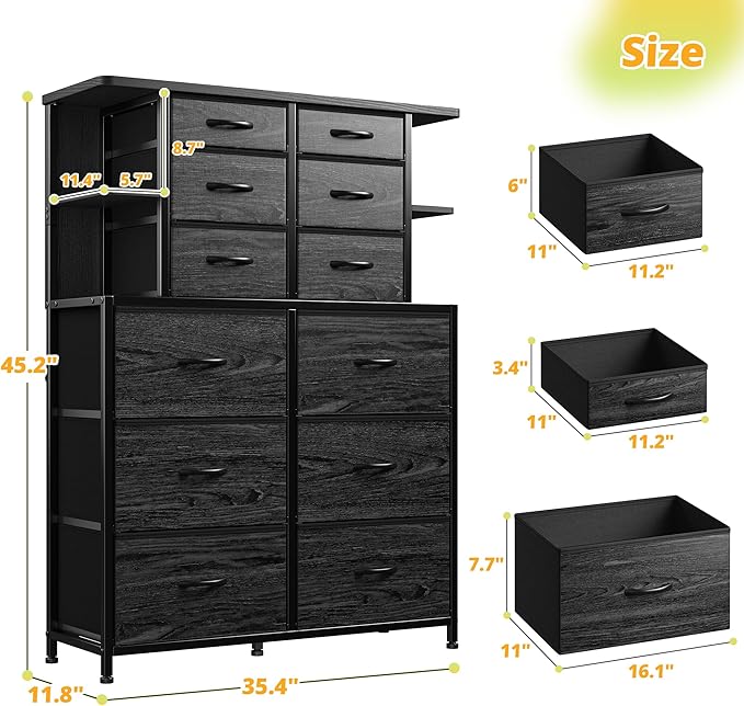 EnHomee Dresser with 12 Drawers & LED Lights, Dresser for Bedroom with 4 Open Storage Shelves, Fabric Dressers & Chests of Drawers, Metal Frame, Wood Top,45.2" H x 35.4" W x 11.8" D, Black