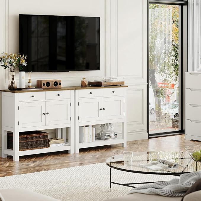 HOSTACK Farmhouse Console Table with 2-Door Cabinet & 2 Drawers, Coffee Bar, Entryway Table with Storage Shelf, Sofa Tables Buffet Sideboard for Kitchen, Hallway, Dining, Living Room, White