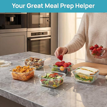 Vtopmart 5Pack 17.5oz Glass Storage Containers with Lids, Glass Meal Prep Food Container Sets with Snap Airtight Lid for Microwave, Oven, Freezer and Dishwasher, Green