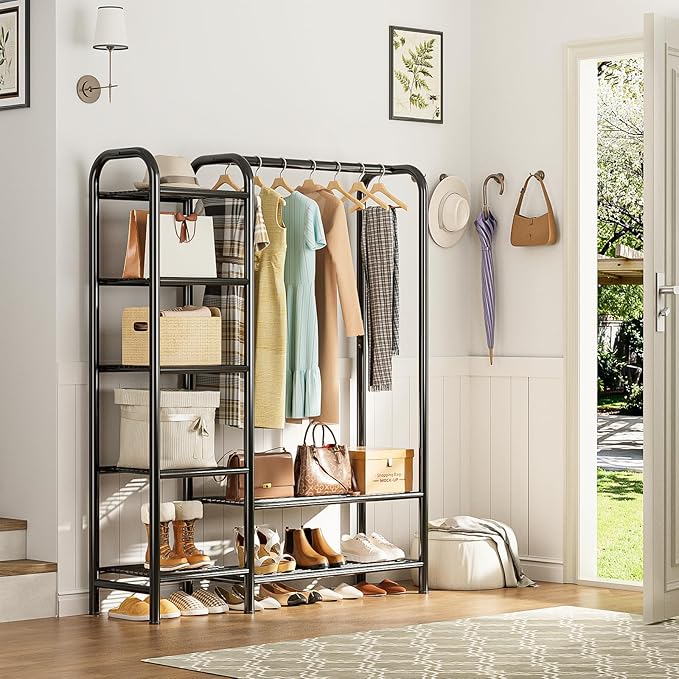 Heavy Duty Clothes Rack with 5 Tiers Shelves, Max Load 670LBS, Portable Freestanding Multi-Functional Metal Clothing Rack with Hanging Rods Organizer System for Bedroom Closet Wardrobe, Black