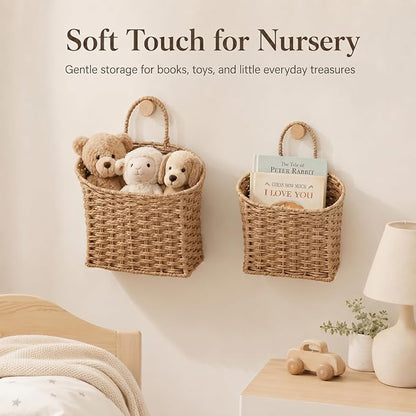 Coeusy Set of 2 Hanging Basket, Paper Rope Wall Basket for Flowers,Mail,Planters, Large Door Basket for Organizing,Storage,Home Decor,Natural