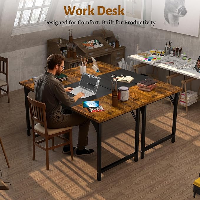 AZN Computer Desk, 55in Computer Desk, Gaming Office Desk w/Carbon Fiber Tabletop, Gaming Office Desk w/Sturdy Metal Frame, Home Office Desks w/Large Legroom for Game Work Study Writing,RusticBrown