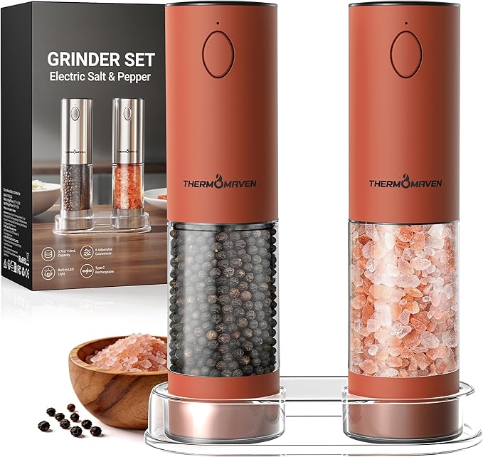 ThermoMaven Electric Salt and Pepper Grinder Set, 110ml Larger Rechargeable Automatic Salt and Pepper Mill Grinder with 6 Adjustable Coarseness, Electric Salt and Pepper Shakers, LED, Burnt Orange