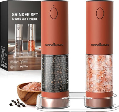 ThermoMaven Electric Salt and Pepper Grinder Set, 110ml Larger Rechargeable Automatic Salt and Pepper Mill Grinder with 6 Adjustable Coarseness, Electric Salt and Pepper Shakers, LED, Burnt Orange