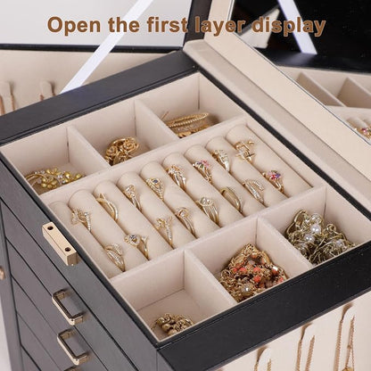 BOOVO Jewelry Box For women, 6 Layer Large Jewelry Organizer With Mirror, Multi-Function Storage Box, Necklace Holder With 5 Drawers, For Earrings Necklace Bracelet (Gold and Black)