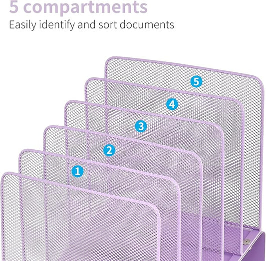 LEKETREE Purple File Organizer for Desk, Desk Organizer with 5-Section Vertical File Rack, File Folder Organizer (Purple)