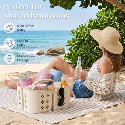 Portable Shower Caddy with Handle, Large Capacity Shower Basket Organizer, Quick-Drain Bathroom Storage Tote, Durable Plastic Shower Organizer for College Dorm, Beach, Gym, Travel Essentials, Beige