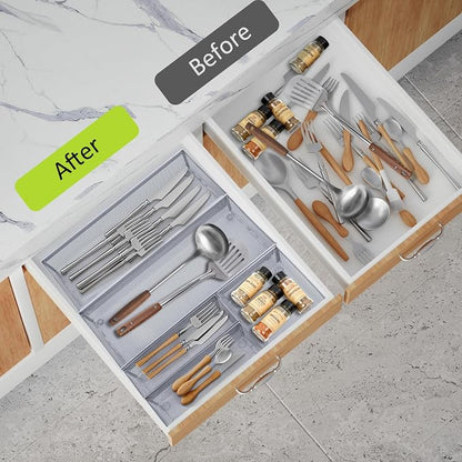 Neudeco Silverware Drawer Organizer, Pack 5, Silver | Utensil Organizer, For Large Utensils, Interlocking Arm, Cutlery Tray for Knives Fork Spoon