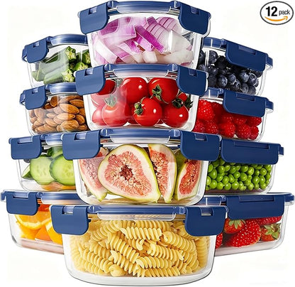 HOMBERKING 24pc Glass Food Storage Containers with Lids, Glass Meal Prep Containers, Airtight Bento Boxes, BPA Free & Leak Proof, Pantry Kitchen Storage(12 lids & 12 Containers) - Deep Blue