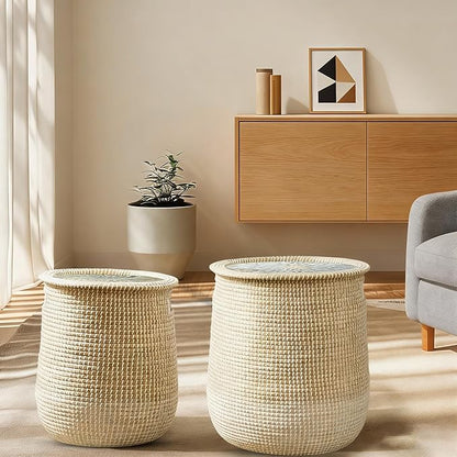Laundry Hamper Basket 2-Pack - Natural Seagrass Handmade Storage Hamper with Lid, Removable Washable Liner, Storage Basket for Clothes Toys, Decorative Organizer for Bedroom, Bathroom, Living Room