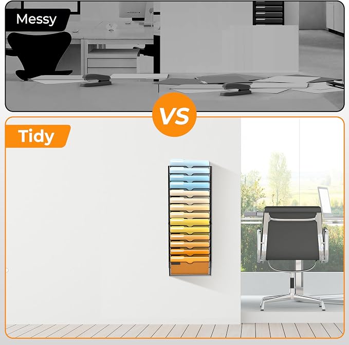 SUPEASY 14 Tier Wall File Organizer, Hanging Wall Mounted Mail Organizer with Label Slots, Metal Mesh File Holder Magazine Rack for Office, Home, School or Classroom, Black