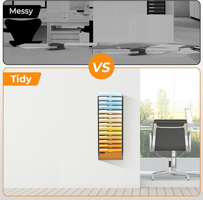 SUPEASY 14 Tier Wall File Organizer, Hanging Wall Mounted Mail Organizer with Label Slots, Metal Mesh File Holder Magazine Rack for Office, Home, School or Classroom, Black