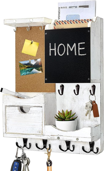 Key Holder Wall Mount， Mail Organizer Key Holder for Wall with Shelf, Drawer, Chalkboard, Corkboard, Home Decor Wall Mounted for Room Entryway(Whitewashed)