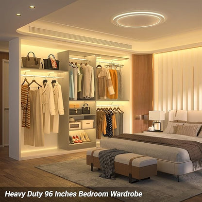 8FT Closet System with Shelves, 96'' Closet Organizer System with 3 Hanging Rods, Wall Mount Bedroom Wardrobe Walk-in Closet, Adjustable Cloth Garment Rack from 5 to 8FT (Cut to Fit), Grey