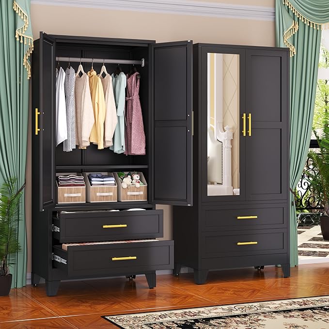 Steel Armoire Wardrobe Closet with Mirror, 71" Metal Clothes Storage Cabinets with 2 Doors, 1 Adjustable Shelf, 2 Drawers, Metal Wardrobe Cabinet with Hanging Rod for Bedroom, Gym, Cloak(Black)