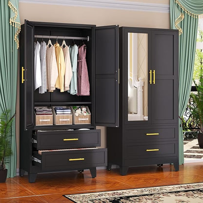 Steel Armoire Wardrobe Closet with Mirror, 71" Metal Clothes Storage Cabinets with 2 Doors, 1 Adjustable Shelf, 2 Drawers, Metal Wardrobe Cabinet with Hanging Rod for Bedroom, Gym, Cloak(Black)