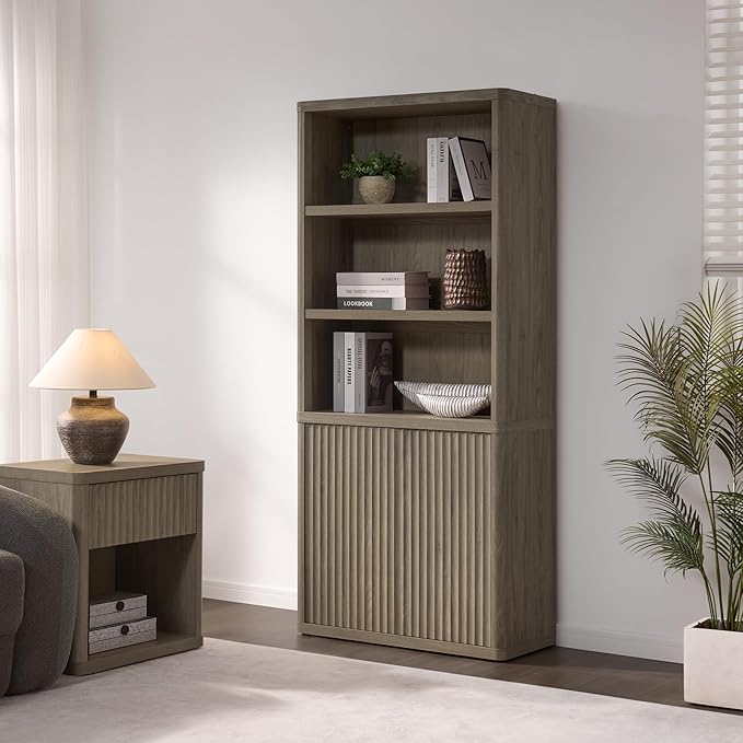 SICOTAS Book Shelf with Doors 71" Tall 6 Tier Bookshelf with Adjustable Shelves Fluted Booshelves & Bookcases Modern Book Case with Large Storage Display Cabinet for Living Room Home Office Bedroom