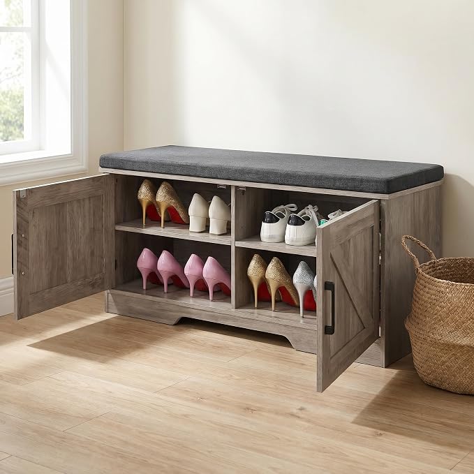 HOMSHO 2-Tier Storage Bench, 39.4" Wide Shoe Bench with Padded Seat Cushion, Entryway Bench with 2 Barn Doors and Adjustable Shelf, Greige