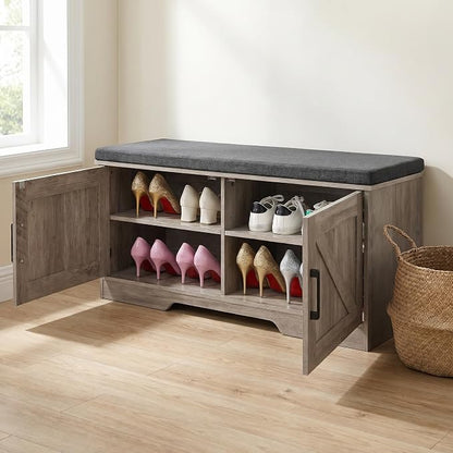 HOMSHO 2-Tier Storage Bench, 39.4" Wide Shoe Bench with Padded Seat Cushion, Entryway Bench with 2 Barn Doors and Adjustable Shelf, Greige