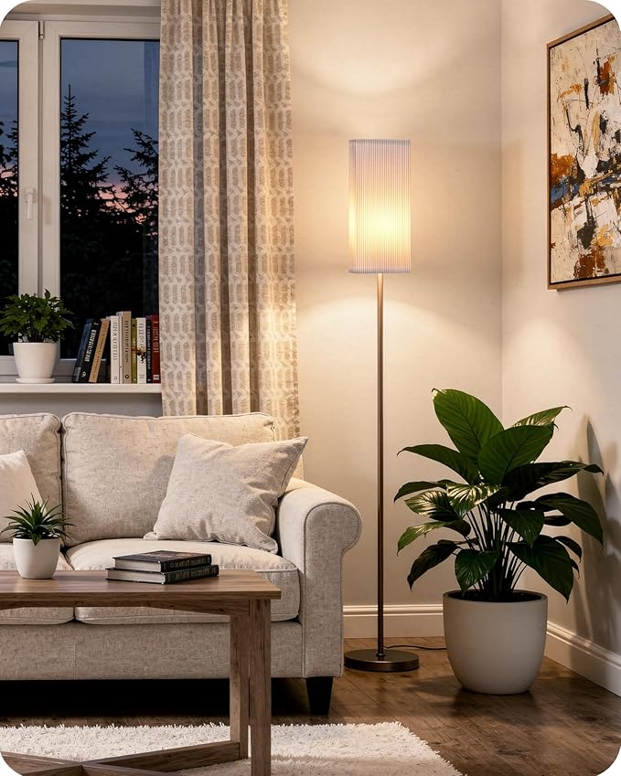 64.2” Dimmable Floor Lamp for Living Room with Remote and Foot Switch, Corner Floor Lamp for Bedroom, Includes 10W A19 Bulb, Modern Standing Tall Lamp, ETL Listed, Brown and White VCW17LD05