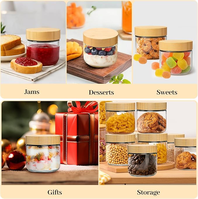 TBWIND 4 Pack 10oz Glass Jars with Bamboo Lids, Spoons, Airtight Overnight Oats Containers, Wide Mouth Mason Jars, Food Storage Container for Yogurt Salad Snacks Spice Sugar Meal Prep – Reusable