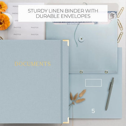 Important Document Organizer Set with Folders - Complete Linen Ring Binder Set Safely Stores All Documents & Files in One Place - Easy to Use Expanding Storage Incl. Envelopes, Pockets & Labels