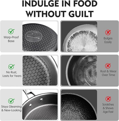 SNOWCLAD Pots and Pans Set Non Stick, 14 Pcs Hybrid Stainless Steel Cookware Sets, Non Stick Frying Pans, Saucepans, Saute Pan & Stock Pot, PFOA Free Kitchen Skillet,Induction Compatible