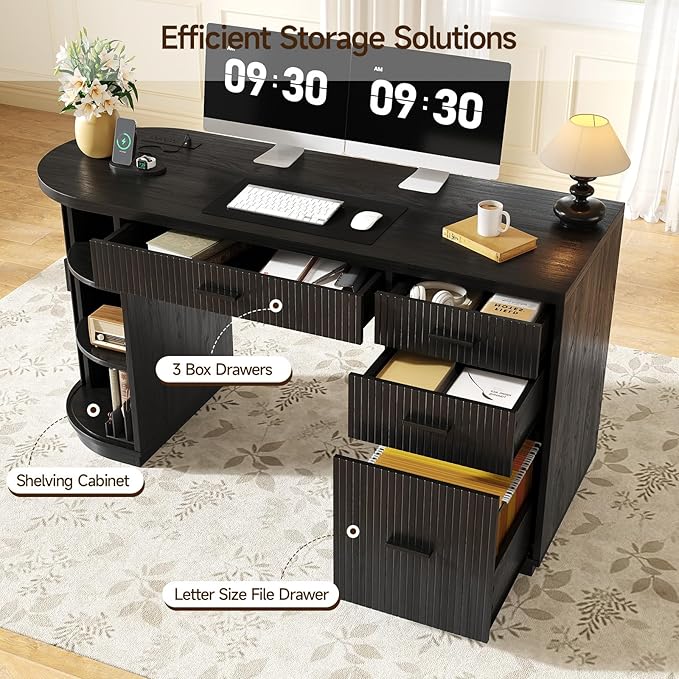 ONBRILL 58 Inch Fluted Executive Desk, Computer Desk with Storage Drawers & File Drawer, Modern Home Office Desk with Charging Station for Working, Studying, Writing, Black