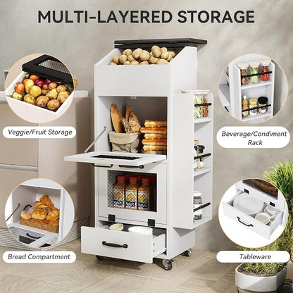 Verano Garden Potato and Onion Storage Bin on Wheels, Wood Bread Box with Lid & Mesh Doors, 4-Tier Rolling Fruit and Vegetable Storage Organizer w/Drawer & Side Rack for Kitchen (White, 16.0")