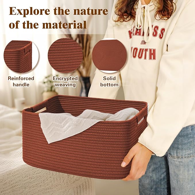 4 Pack Large Storage Basket for Organizing, 17.5"x13.5"x7.5" Woven Basket for Shelves, Closet Cube Storage Bins with Wrapped Handle, Cotton Rope Baskets for Kitchen, Clothes, Toys(Oxide Red)