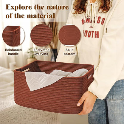 4 Pack Large Storage Basket for Organizing, 17.5"x13.5"x7.5" Woven Basket for Shelves, Closet Cube Storage Bins with Wrapped Handle, Cotton Rope Baskets for Kitchen, Clothes, Toys(Oxide Red)