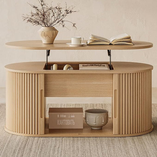 LINSY Lift Top Coffee Table, Oval Fluted Coffee Table with Storage, Boho Wooden Coffee Tables with Sliding Tambour Door, 39" Center Table for Living Room, Office, Small Space, Natural Oak