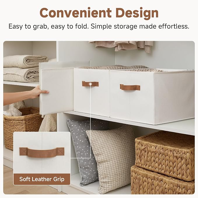 StorageWorks Foldable Storage Bins with PU Handles, Closet Storage Baskets, Fabric Bins for Clothes Storage, Ivory White, 3-Pack, Extra Large