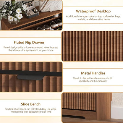Shoe Cabinet Storage for Entryway with 3 Flip Drawers, Walnut Fluted Shoe Cabinet with Adjustable Shelves, Wooden Hidden Shoe Rack Freestanding Narrow Slim Shoes Storage for Hallway, Entrance