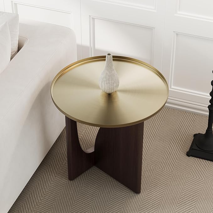 ACEDÉCOR Wood Living Room Table Set, Round Coffee Table Set with1 End Table, 2 Piece Living Room Set with Walnut Geometric Legs and Brushed Gold Tray Top, Easy to Clean