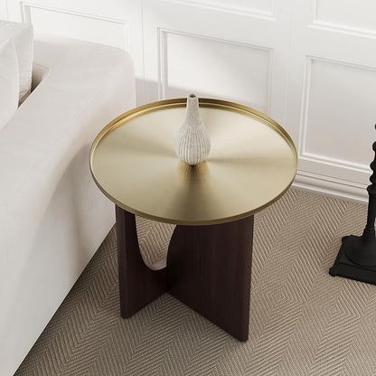 ACEDÉCOR Wood Living Room Table Set, Round Coffee Table Set with1 End Table, 2 Piece Living Room Set with Walnut Geometric Legs and Brushed Gold Tray Top, Easy to Clean