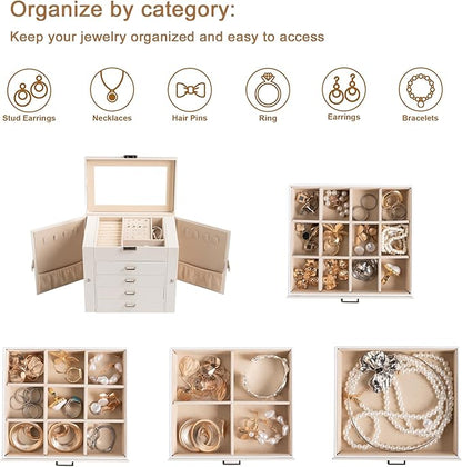Frebeauty 5-layer Jewelry Box,Faux Leather Jewelry Organizer with 4 Drawers,Jewelry Organizers and Storage with Mirror,Jewelry Holder Organizer for Necklace,Jewerly Boxes for Women Girls(Beige)