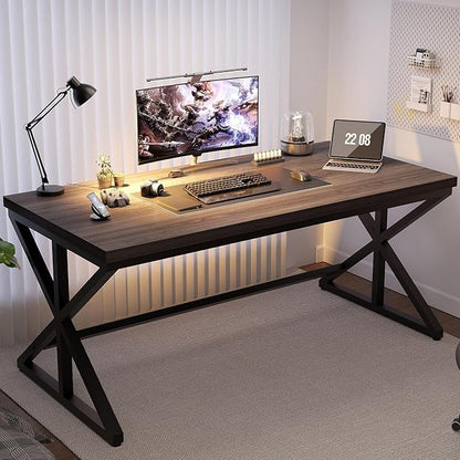 IBF 60 Inch Long Office Desk, Modern Metal Wooden Grey Writing Study Computer Desk for Bedroom, Farmhouse Big Simple Home Office Desks Executive Work Pc Table for Student, Dark Gray Oak
