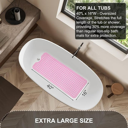 TEESHLY Bath Tub and Shower Mats, Non Slip 40 x 16 Inch Extra Large Bathtub Mat, Machine Washable Bathmat with Drain Holes, Suction Cups for Bathroom Floor, Clear Pink