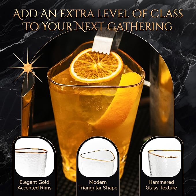 Bec's Designs Gold Rim Highball Glasses – Set of 4, 16oz Handblown Triangular Hammered Glass Tumblers – Elegant Drinkware for Cocktails, Water & Iced Tea