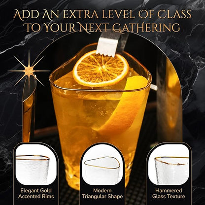 Bec's Designs Gold Rim Highball Glasses – Set of 4, 16oz Handblown Triangular Hammered Glass Tumblers – Elegant Drinkware for Cocktails, Water & Iced Tea